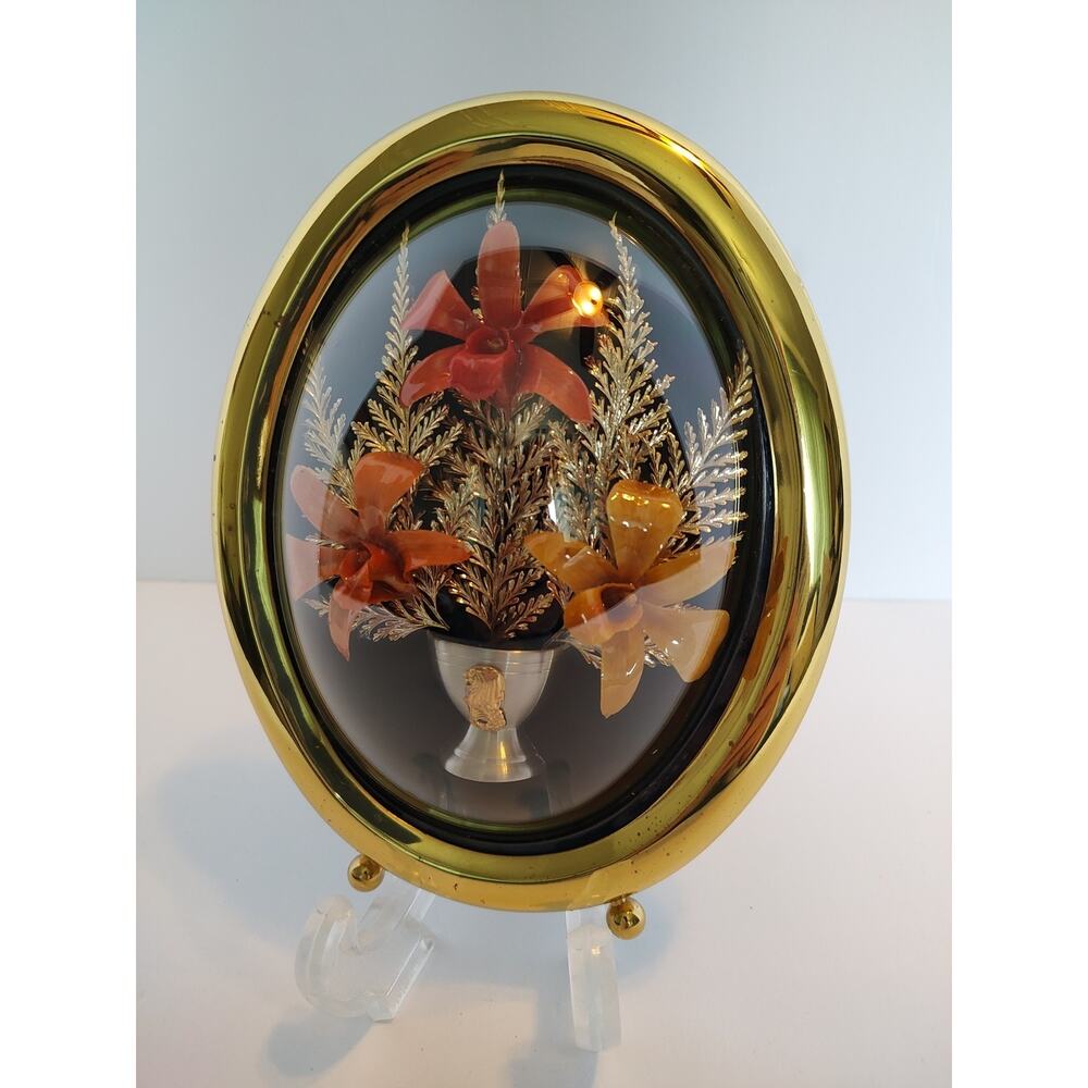 Vtg Fern & Orchid Wall Picture 24k Gold Plated Floral Hawaii Plaque MCM 8" READ